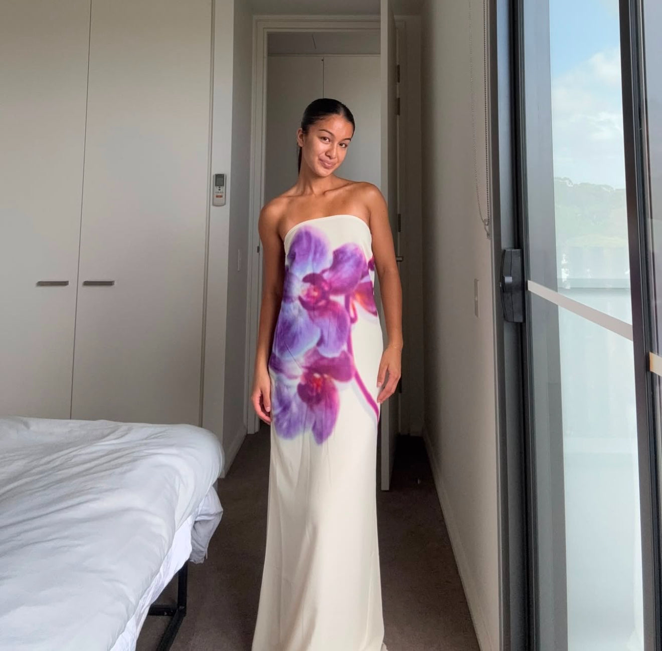 Amaya Strapless Chiffon Maxi Dress Ivory Koi Orchid Print
