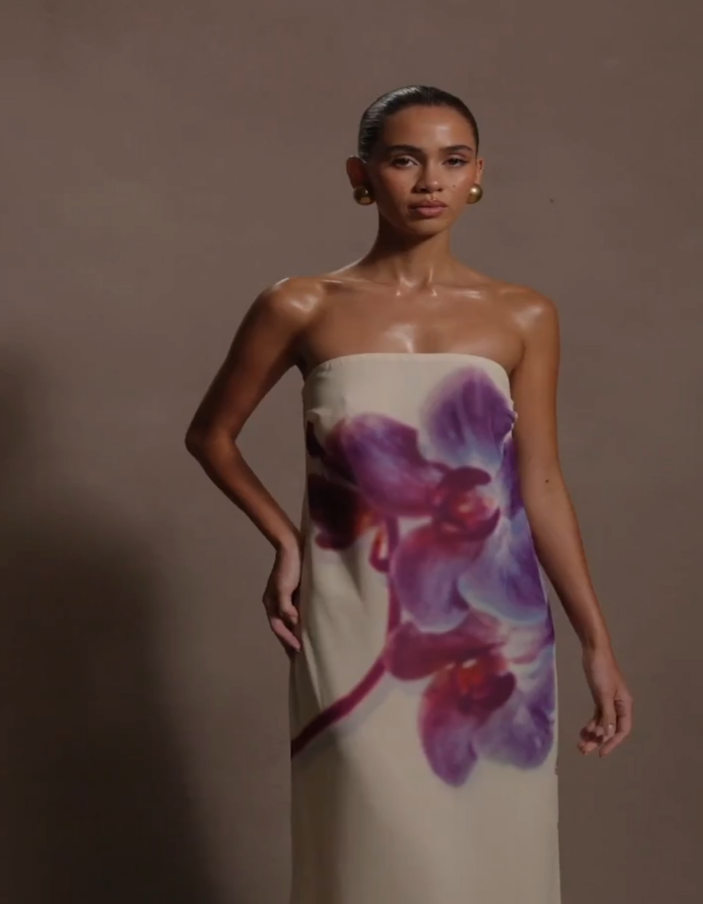 Amaya Strapless Chiffon Maxi Dress Ivory Koi Orchid Print 