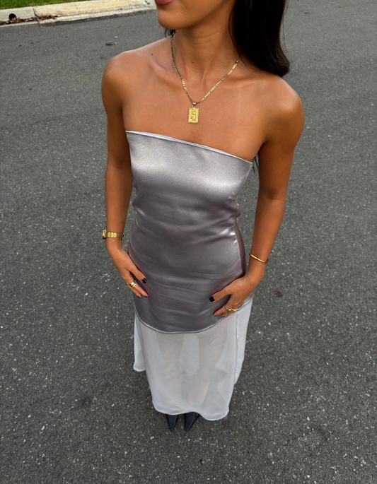 Silver Assymetric Strapless Dress
