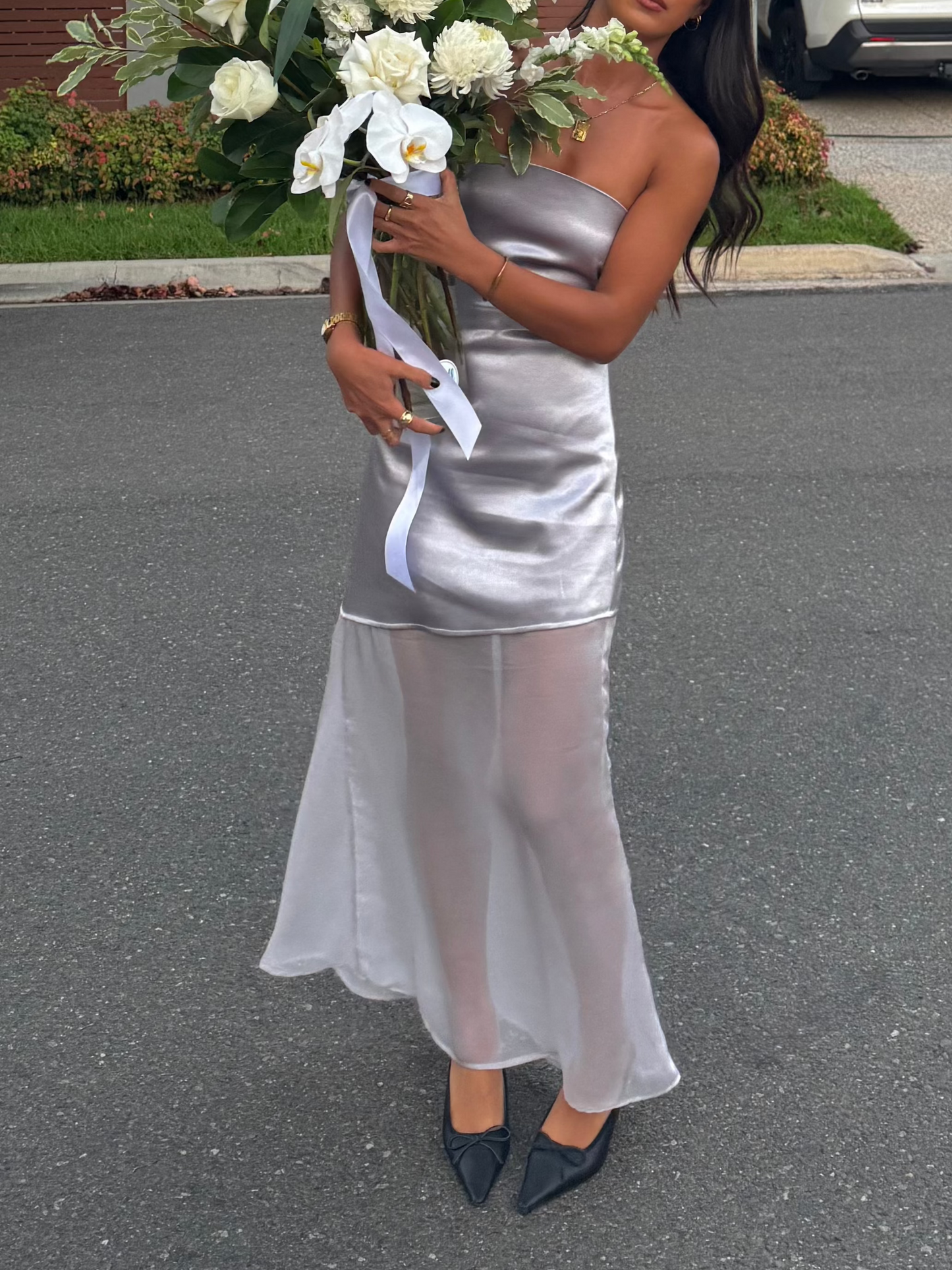 Silver Assymetric Strapless Dress