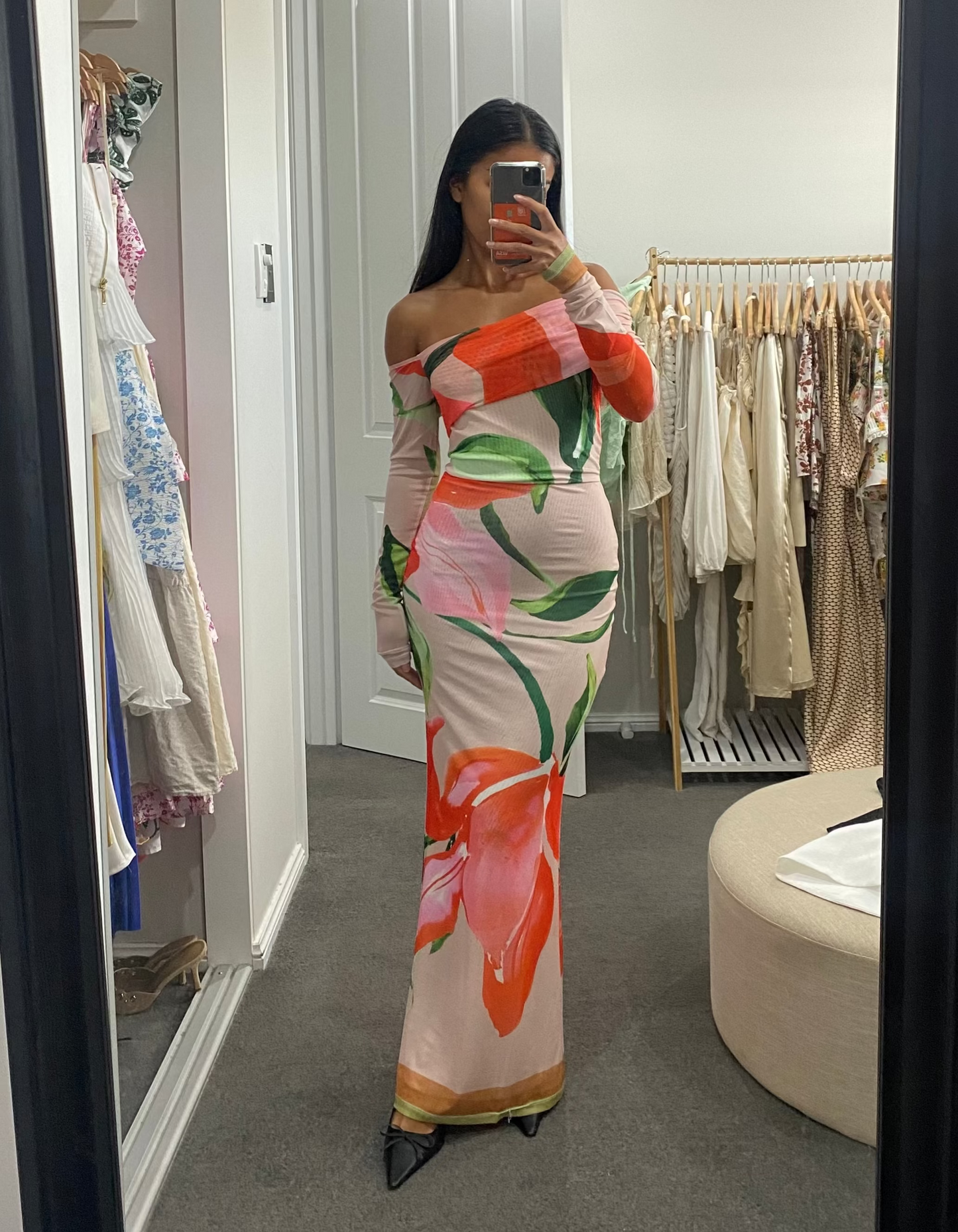 By Nicola Paloma Off Shoulder Mesh Maxi Dress in Orange Floral Scarf