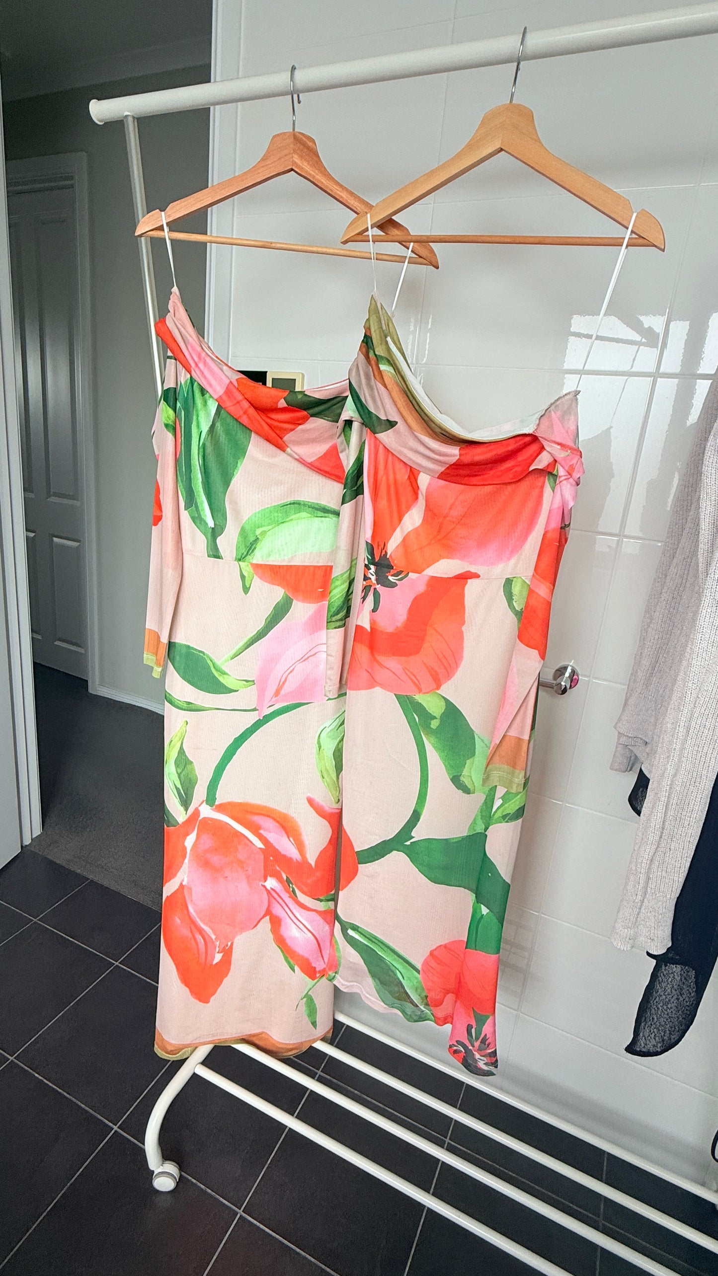 By Nicola Paloma Off Shoulder Mesh Maxi Dress in Orange Floral Scarf