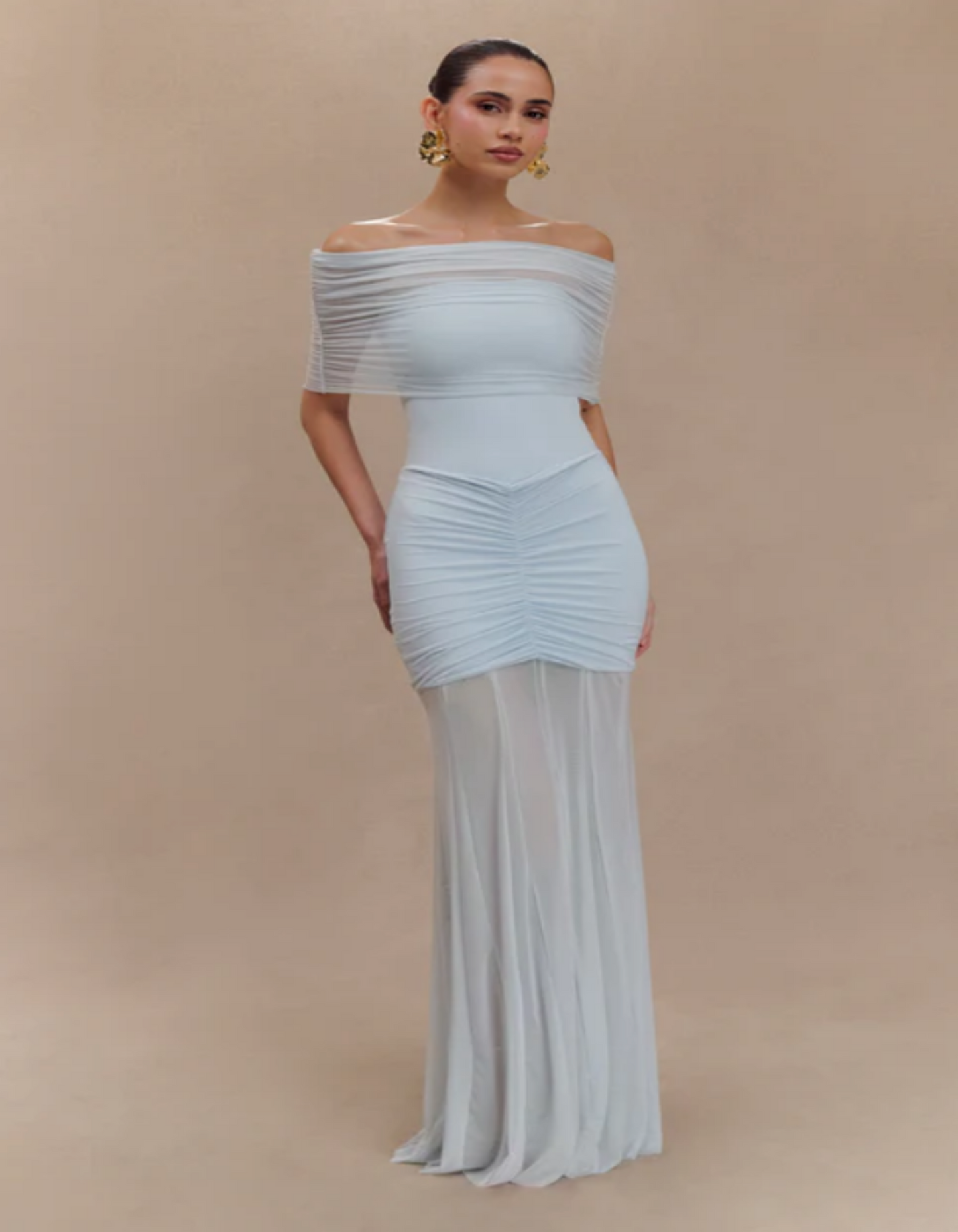 Meshki Caspian Slinky And Mesh Off Shoulder Maxi Dress - Pale Blue