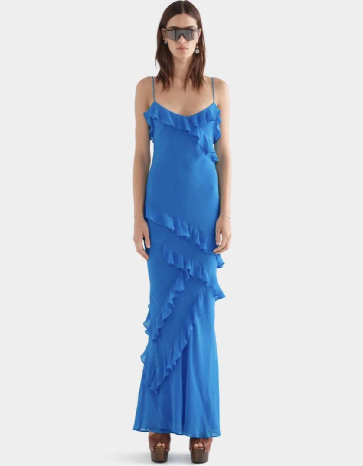 Venroy Silk Ruffle Slip Dress Blue To Hire